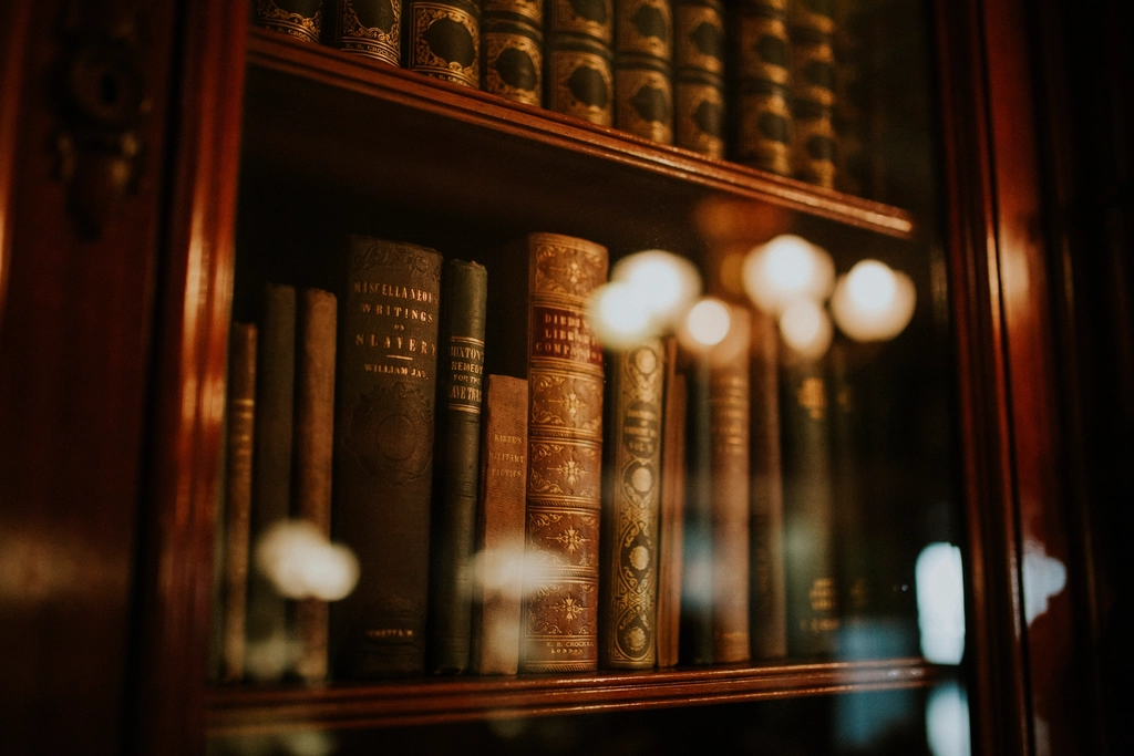 Book case old books, and ghost stories.